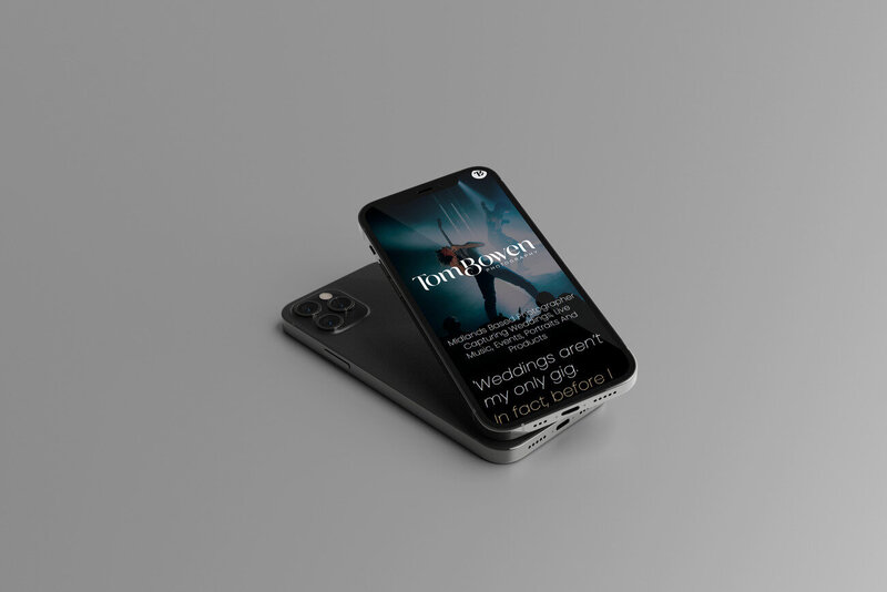 A mobile phone displaying a sleek, dark-themed website design for a Midlands-based photographer, emphasising wedding and live event photography.