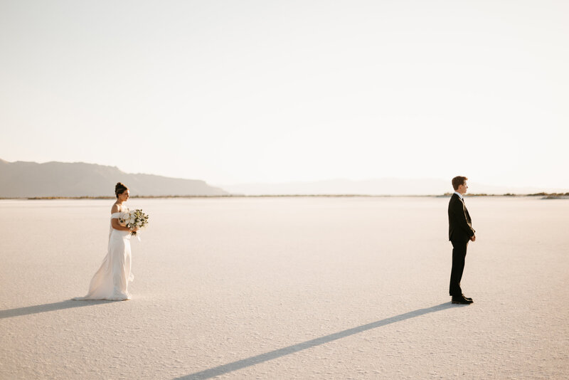 Bonneville Salt Flats Elopement with bride and groom