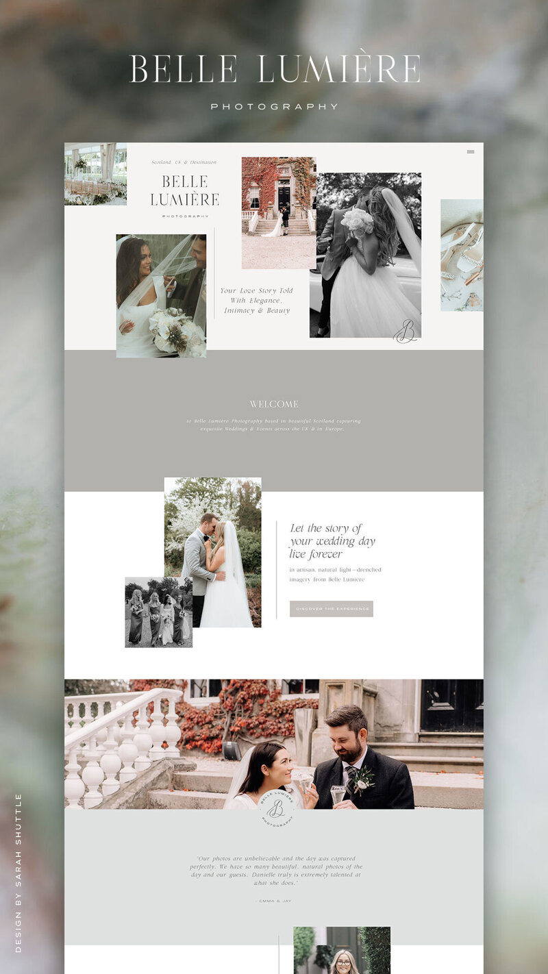 Long-format editorial website layout designed for Belle Lumière Photography by Sarah Shuttle Luxury Brands