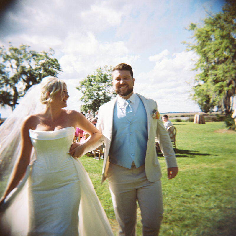 a bride and groom after their ceremony on st simons island