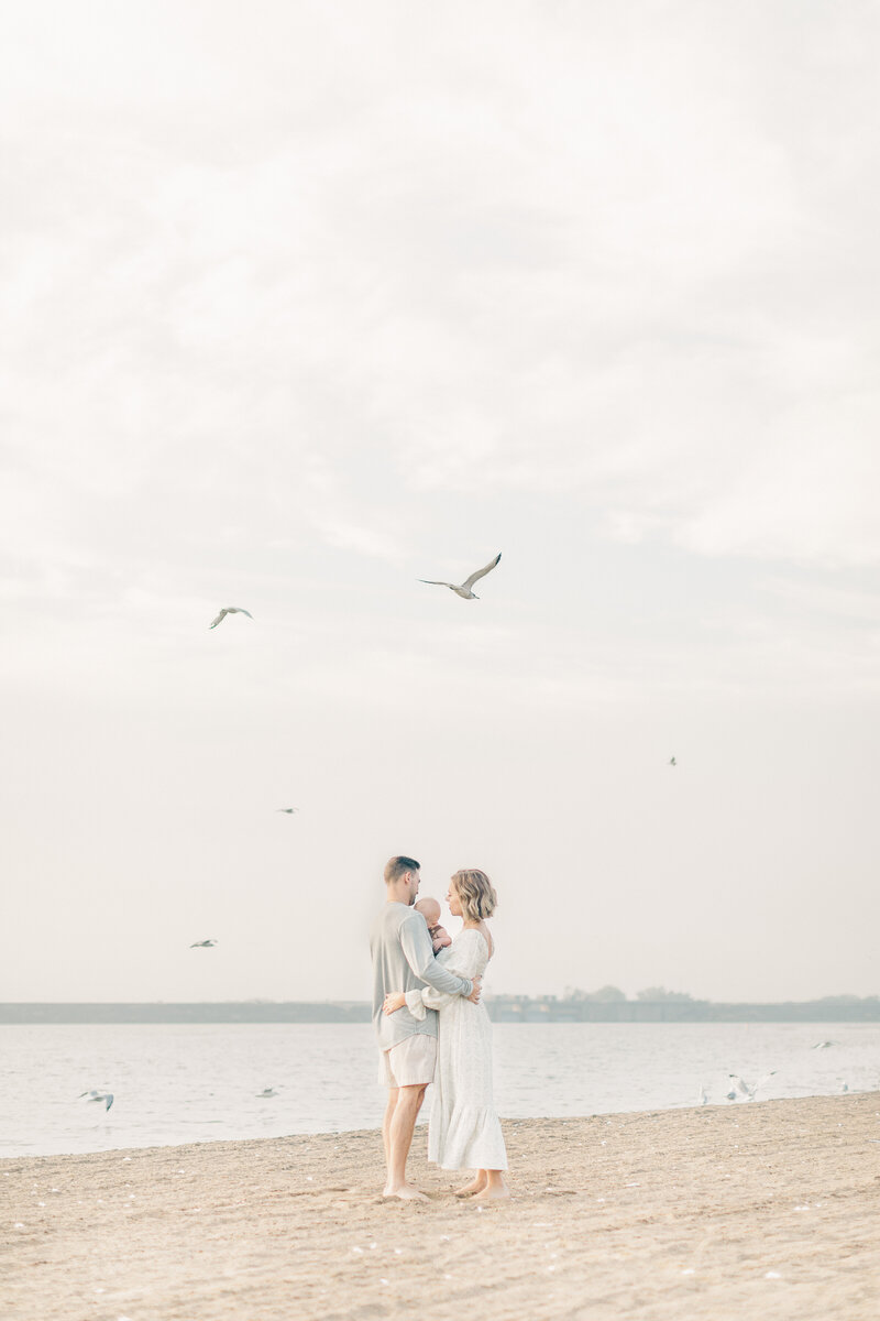 Parents standing on the beach holding their six month old baby as birds fly overhead during a family milestone session at a Kansas City lake.