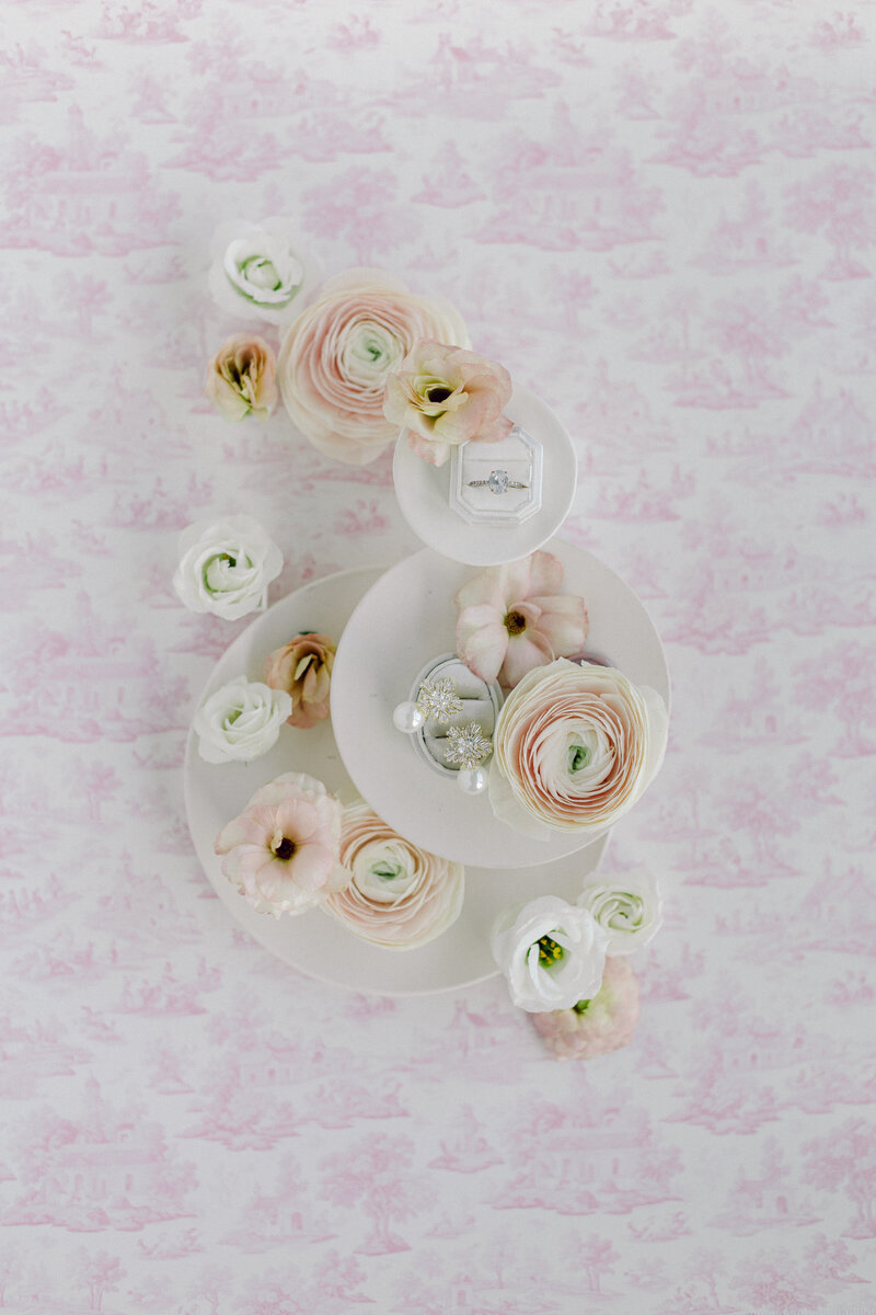Toile linen flat lay mat with vintage French-inspired wedding details