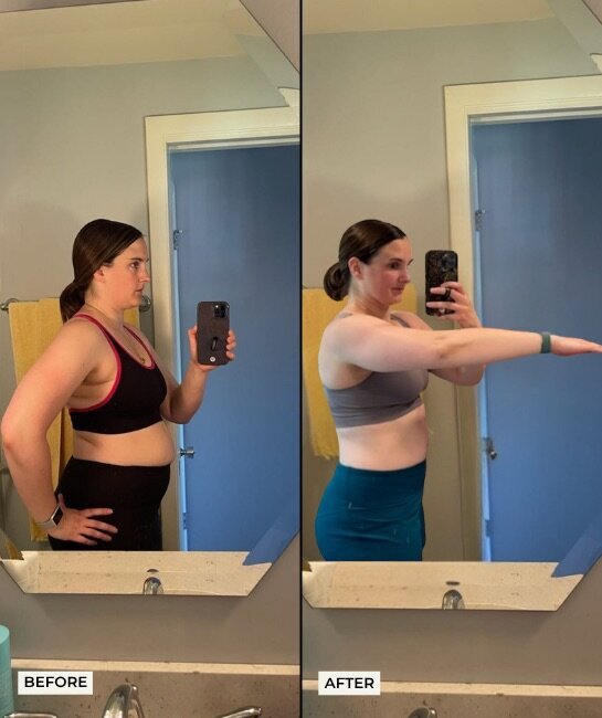 Before and after photos of Jessie, age 36, showing her 27-pound weight loss and body transformation after completing Vanessa’s fitness program.