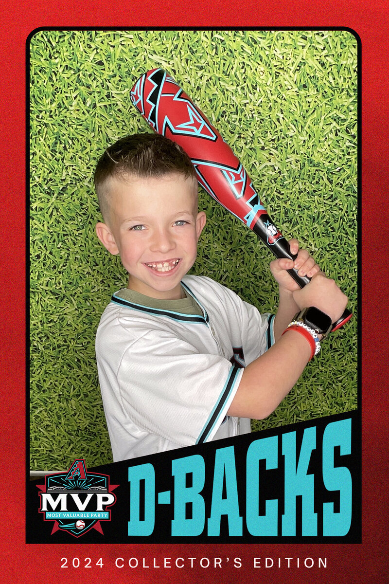 Smiling child posing with a baseball bat in a personalized D-Backs trading card frame, created by MISGIF’s custom trading card photo booth for corporate events, brand activations, and sporting events in Phoenix, Arizona