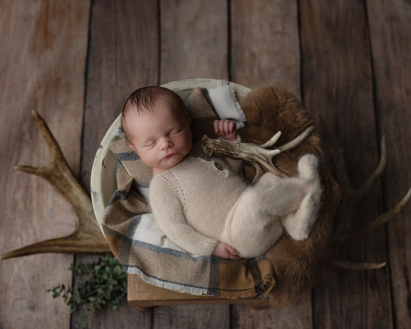 A peaceful woodland-themed newborn portrait using antlers, fur, and rustic textures in Paris, Ontario