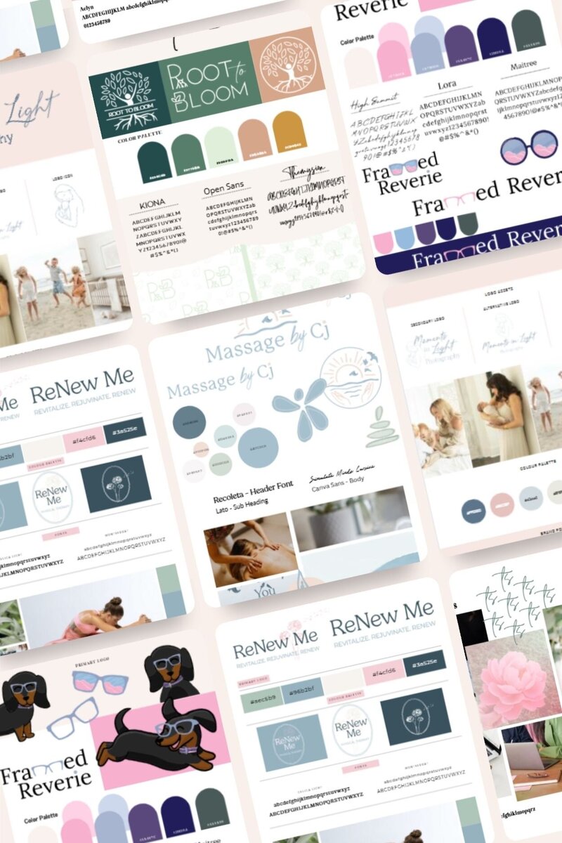 Brand design concept for Root to Bloom featuring logo, color palette in blush, sage, and plum, and typography styles