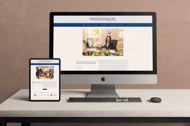 Desktop and tablet mockups of the Baseil Associates, Inc. site featuring a professional corporate layout with navy blue accents and serif typography.