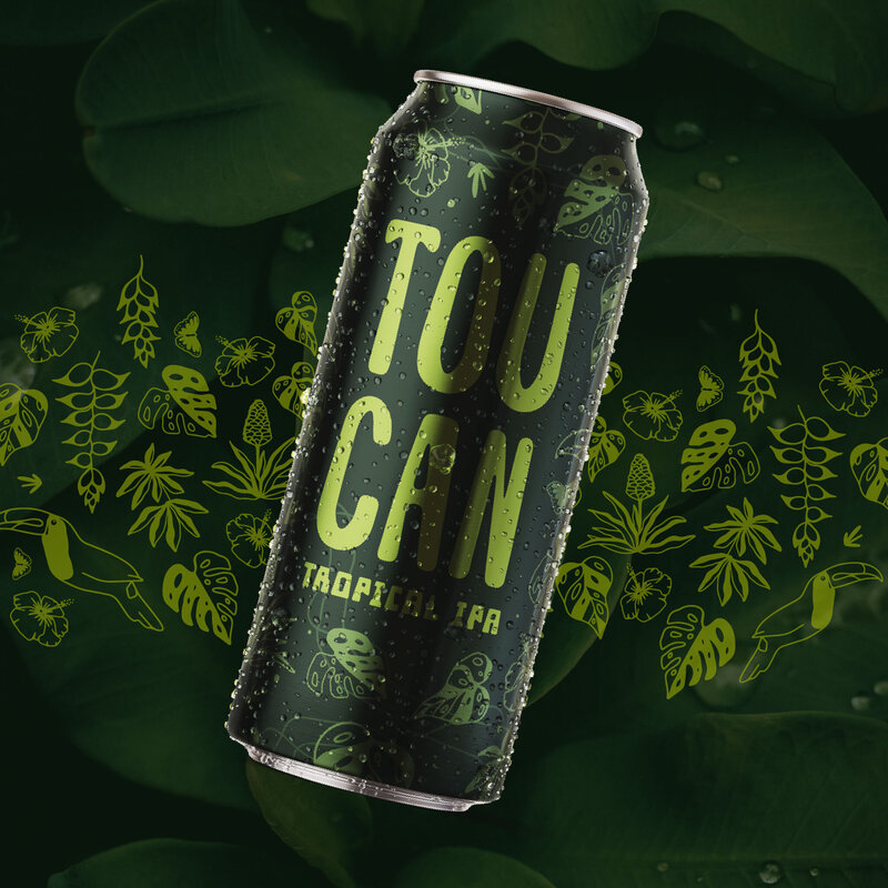 A tropical IPA beer can label design with metallic green typography and tropical leaf illustrations