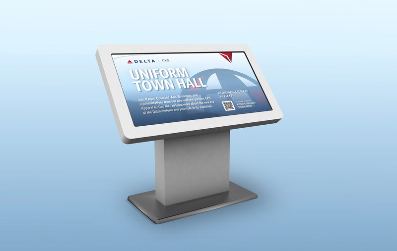 Example of Employee Award Travel Livestream graphics on a kiosk monitor.