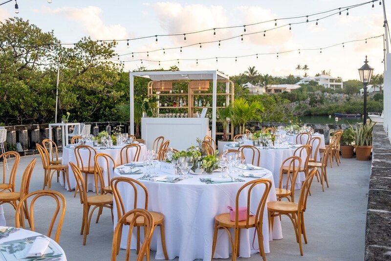 Outdoor dinner and bar setup on patio