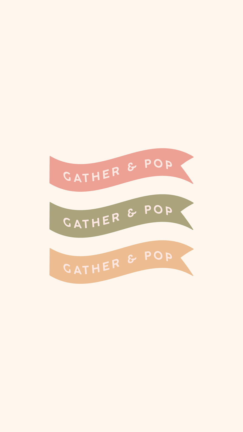 Gather & Pop logo marks in alternating colors on a cream background
