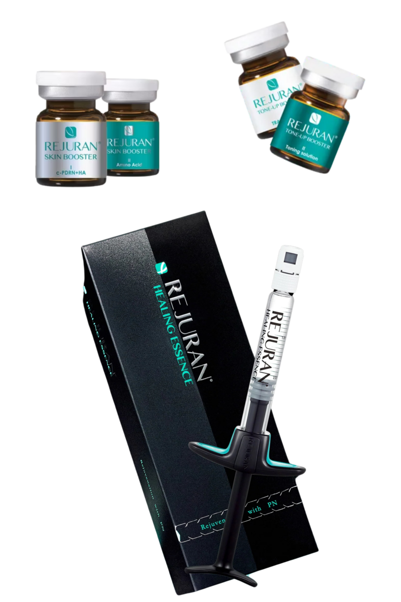 Rejuran tone up booster, Rejuran Skin Booster, 4 vials and a black box of Rejuran Healing Essence with a clear syringe in front of the box.