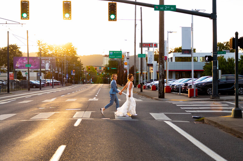 photo of couple in an urban setting Oregon Coast Elopement and Wedding Photographer