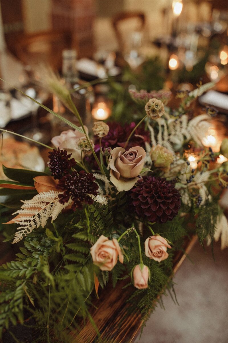 Beige and burgundy florals  and greenery