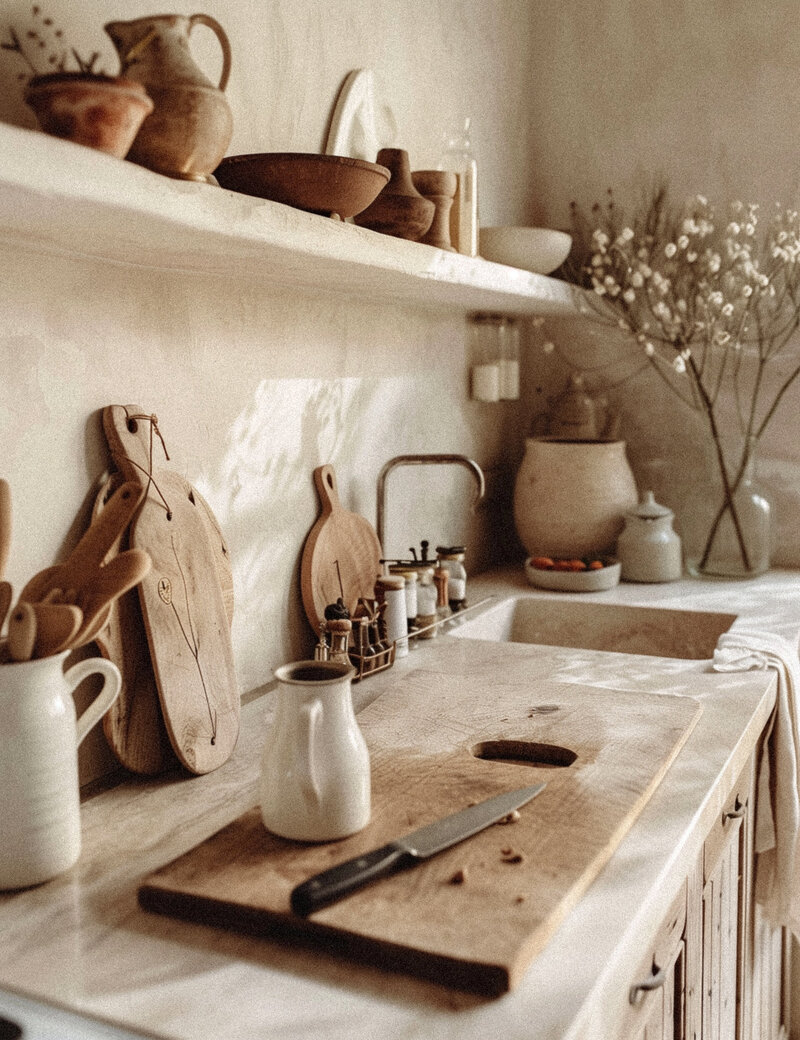 kitchen filled with only natural tones and elements of stone wood and neutral tones