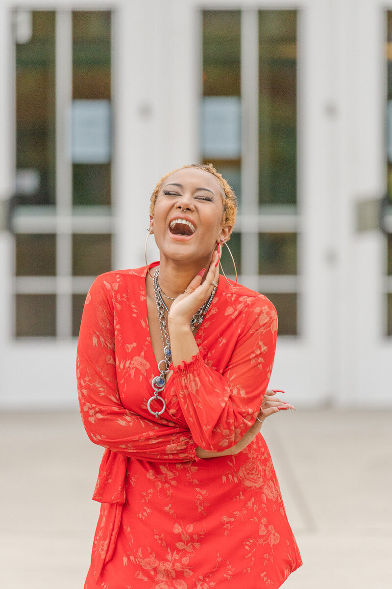 girl laughing with eyes closed during Northern Virginia senior photography