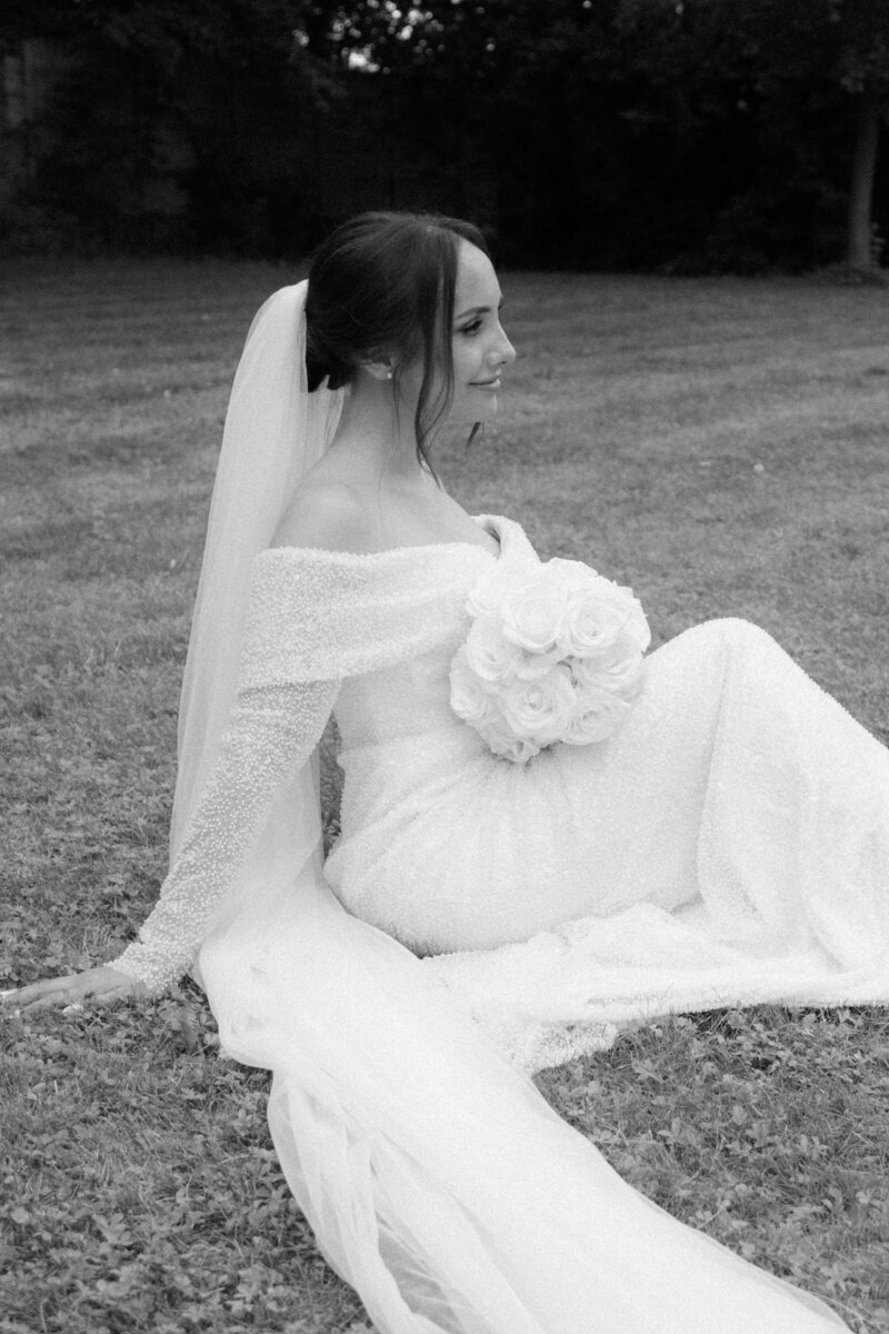 Luxury wedding in Europe – sophisticated bride in a modern wedding gown and groom in a timeless suit.