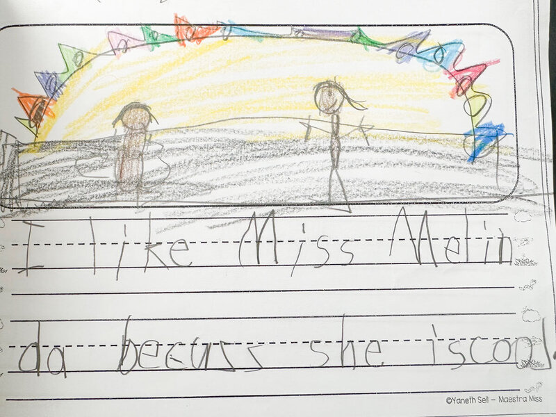 Children's artwork that says "I like miss melinda becuase she is cool"