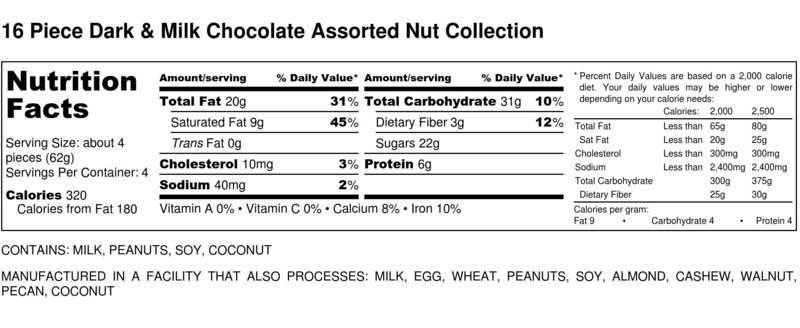 16 Piece Dark & Milk Chocolate Assorted Nut Collection - Nutrition Label