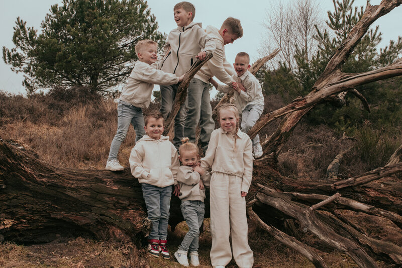 Een groep kinderen staat op een omgevallen boom in een bosrijke omgeving, lachend en spelend met elkaar.