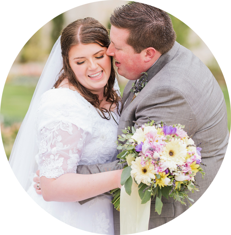 Bride and groom at the Ogden temple in the rain