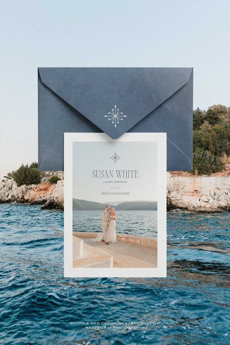 Elegant stationery mockup for Susan White Luxury Weddings featuring envelope and card design placed over a serene sea background.