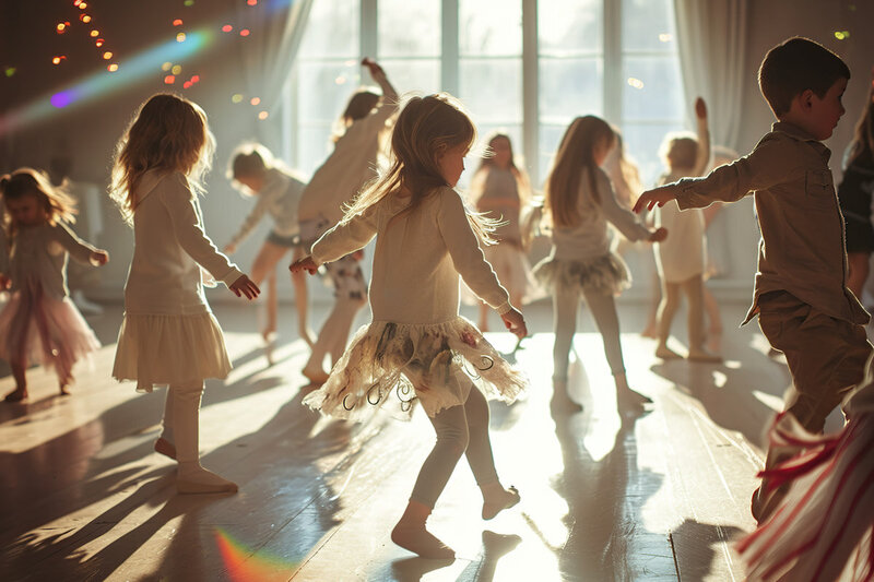 Children dancing in a sun filled classroom