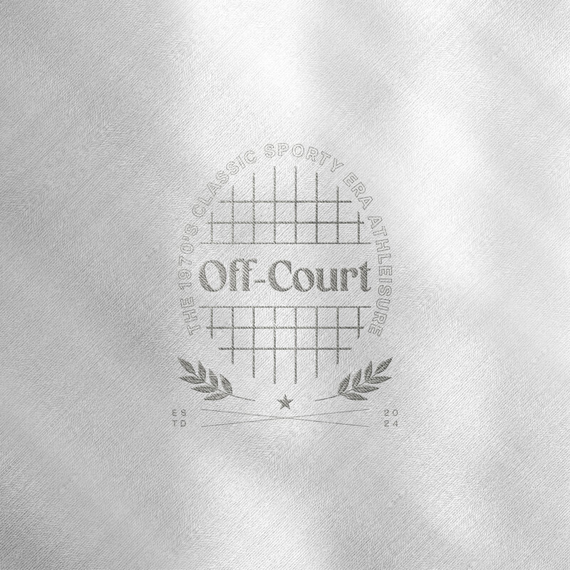 Off-Court embroidered logo design inspired by 1970s athleisure, featuring vintage typography and sporty branding.