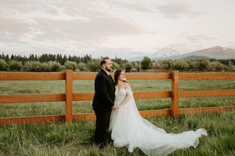 Bride and Groom during sunset at Black Butte Ranch for their wedding day