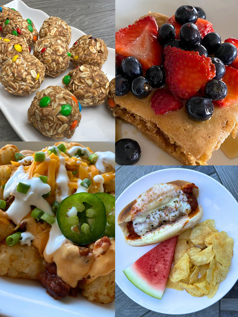 Collage of easy family-friendly meals, including no-bake oatmeal bites, sheet-pan pancakes with berries, loaded tater tot nachos, and a cheesy meatball sub with chips and watermelon.