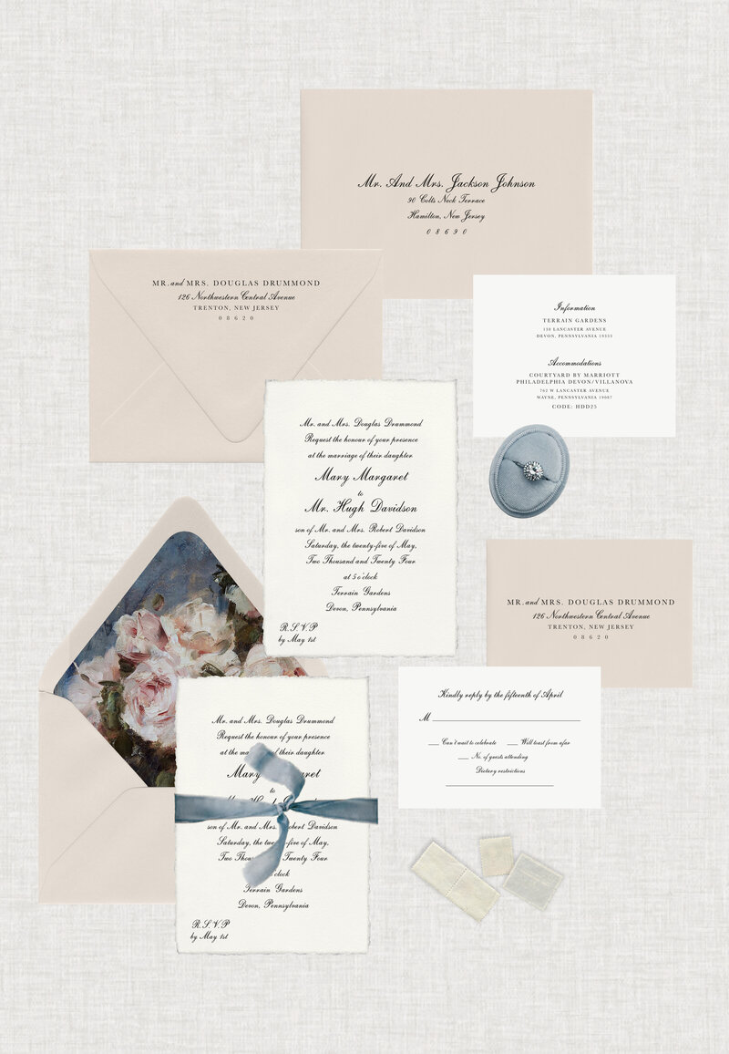 Inspired by vintage wedding invitations, invitation is printed on Winter White colored handmade paper combine with a vintage calligraphy font, rsvp and details cards are printed on Snow White colored heavyweight cardstock, Mist colored mailing and rsvp envelopes, vintage artwork printed on the liner for the mailing envelope and finished with a dusty blue tie closure.