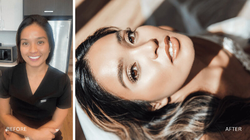 Transformation photo showing a boudoir client before and after makeup & hair styling