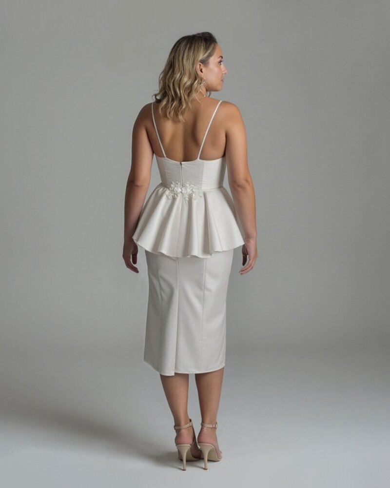 Chic midi wedding dress with peplum