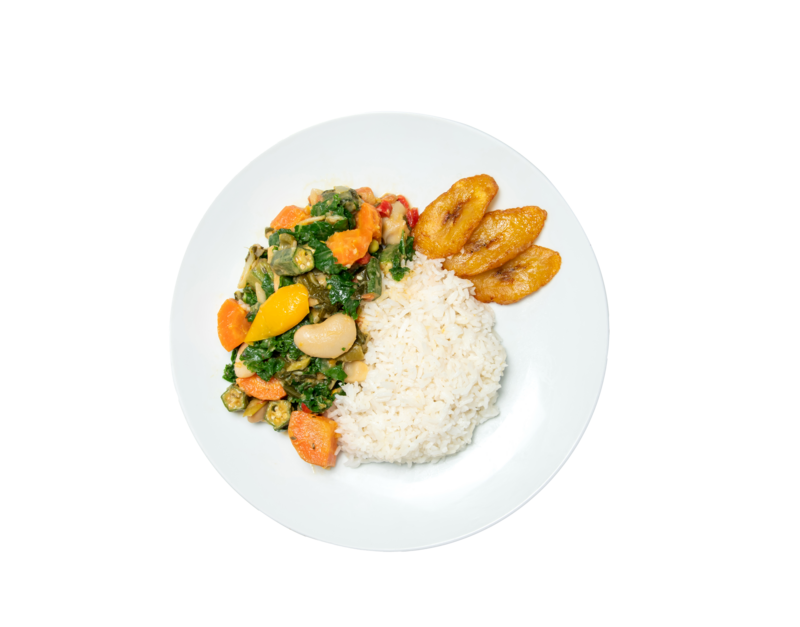 Plate of vegetable stew, rice, and fried plantains.