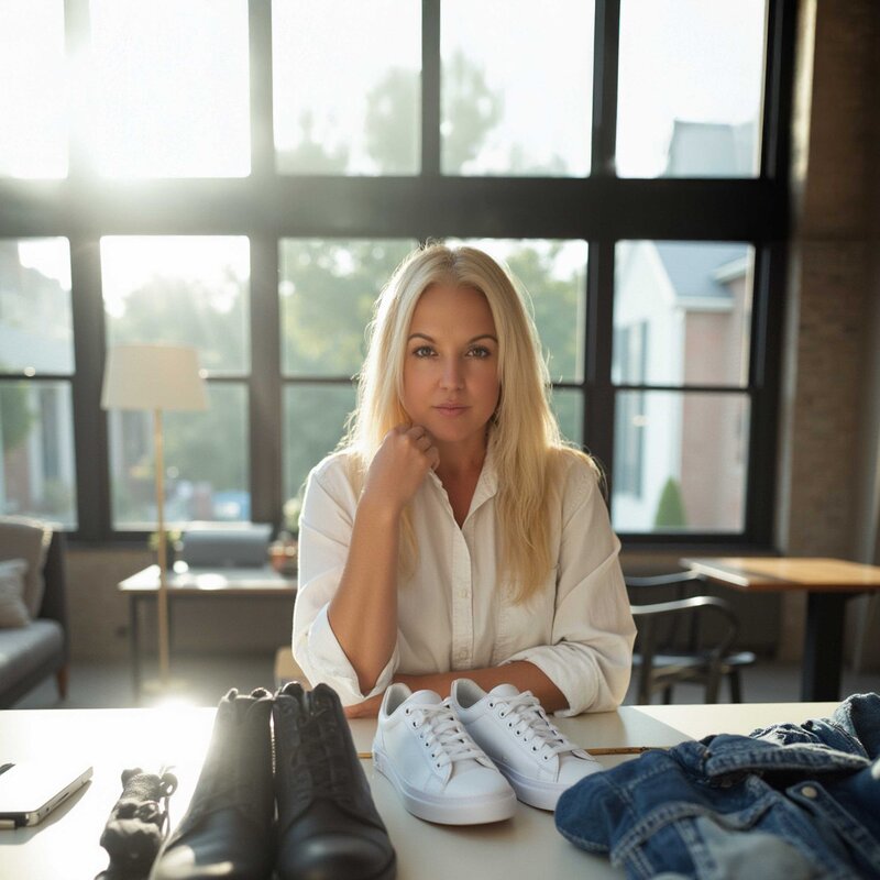 Buffy in the studio sitting at a desk with new custom orders in front of her