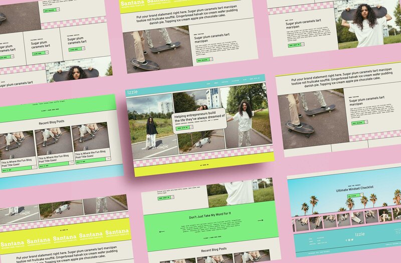 screenshot of website template pages on a pink background