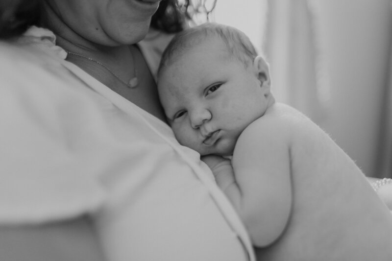 black and white image of knoxville in home newborn baby with chubby rolls looking at camera