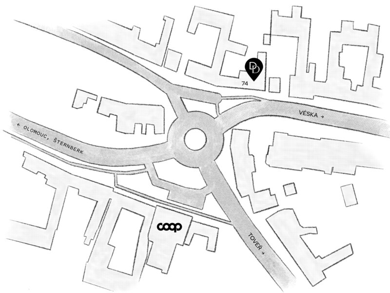 Černobílá mapka středu obce Dolany