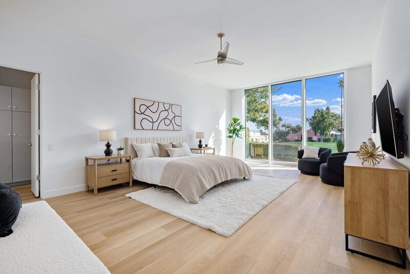 Neutral colored primary bedroom home staging 