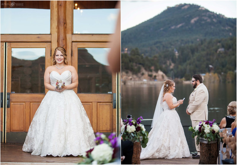 Bride walks down the aisle at ther Evergreen Lake House wedding in Colorado