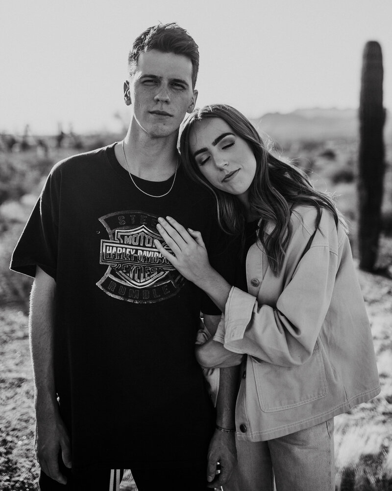 harley davidson black shirt and jeans engagement session outfits at the superstition mountains