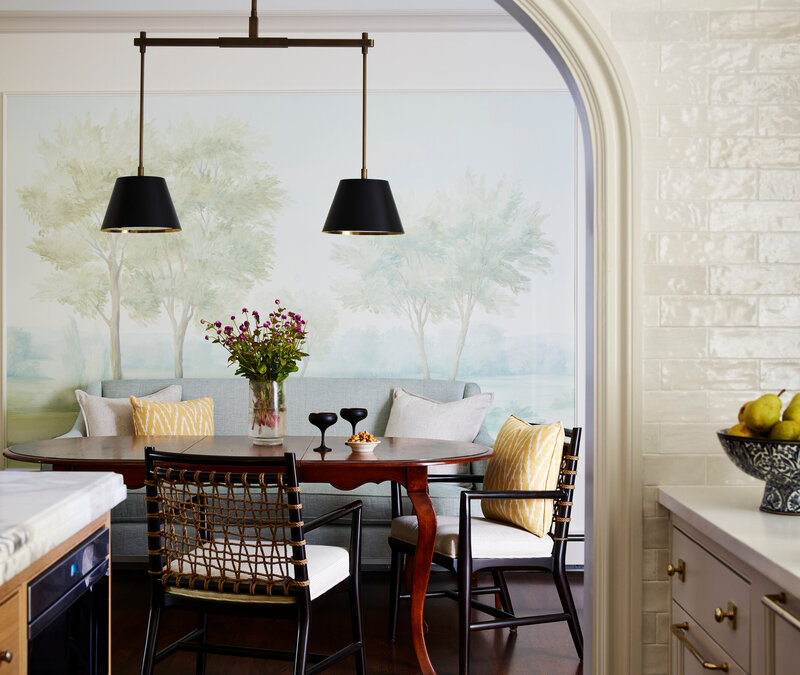 Boston kitchen designer creates a new Milton home kitchen with traditional touches, artisan tile to the ceiling, mural wallpaper, and luxury lighting.