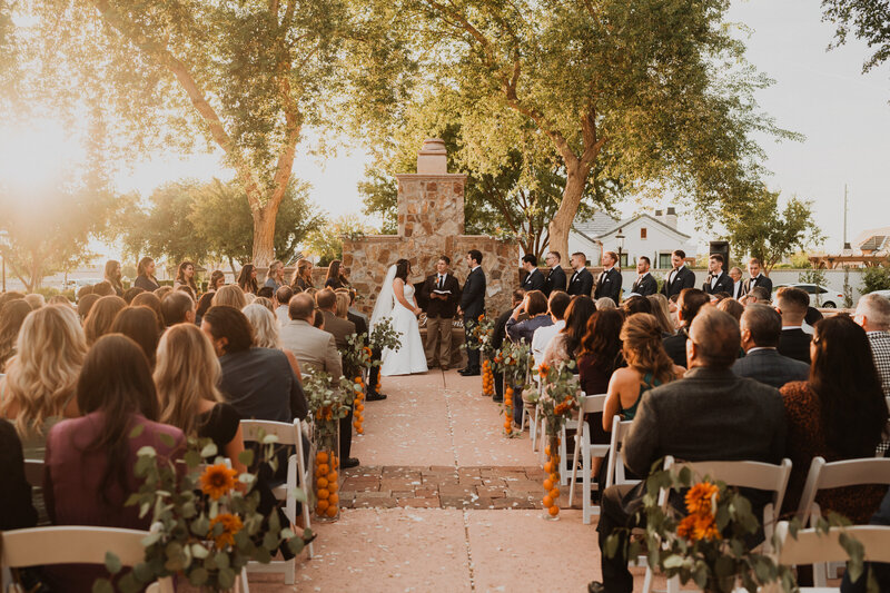 Two brides holding hands while standing at the entrance to a garden.