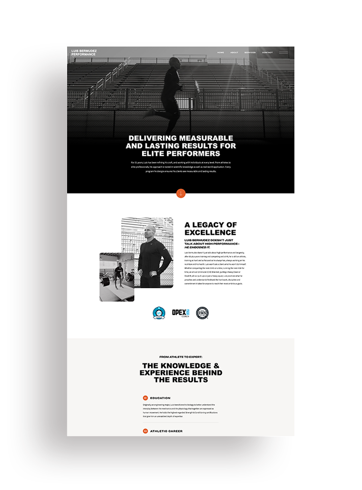 Showit website page design for Luis Bermudez Performance, Portland's premiere personal trainer.