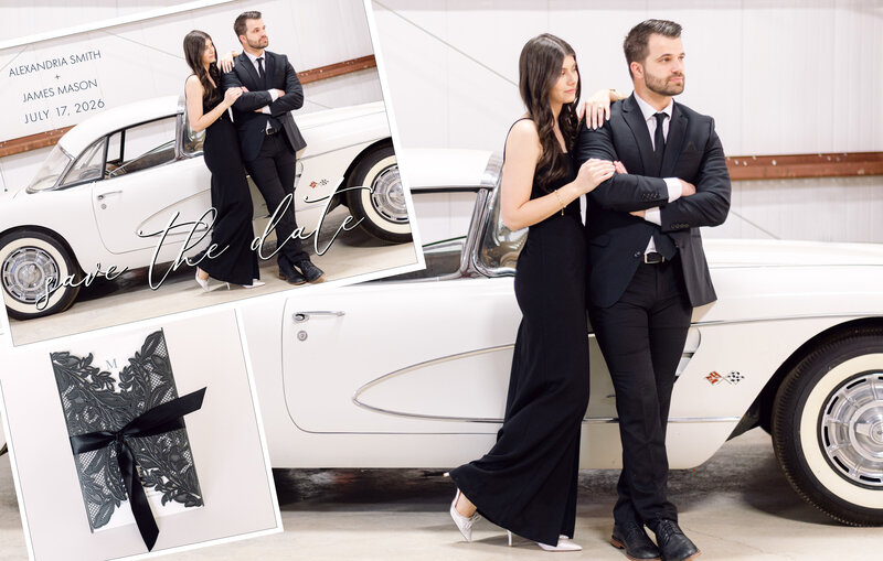 couple in black tie attire with vintage corette, save the date and  and black lace wedding invitation