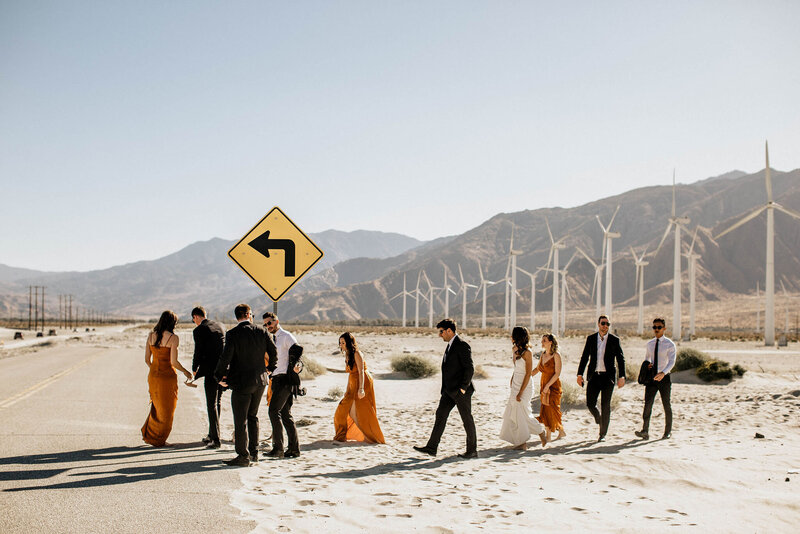bridal party walking in the desert