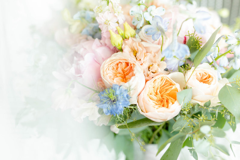 bridal bouquet with pink peonies and peach garden roses