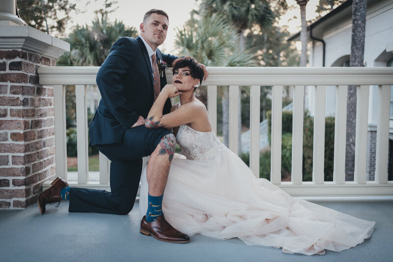 bride and groom portraits showing tattoos in hilton head at sea pines wedding