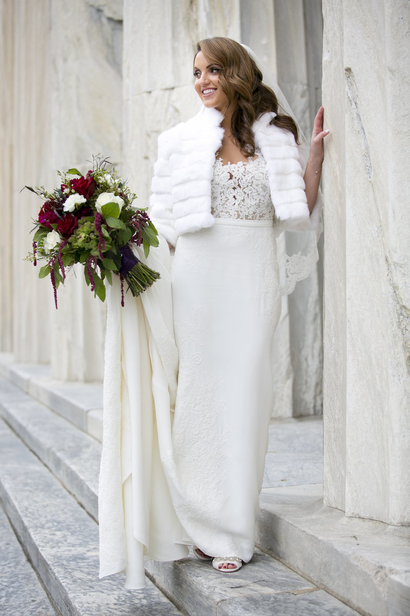 bride standing with bouquet at Second National Bank Philadelphia PA