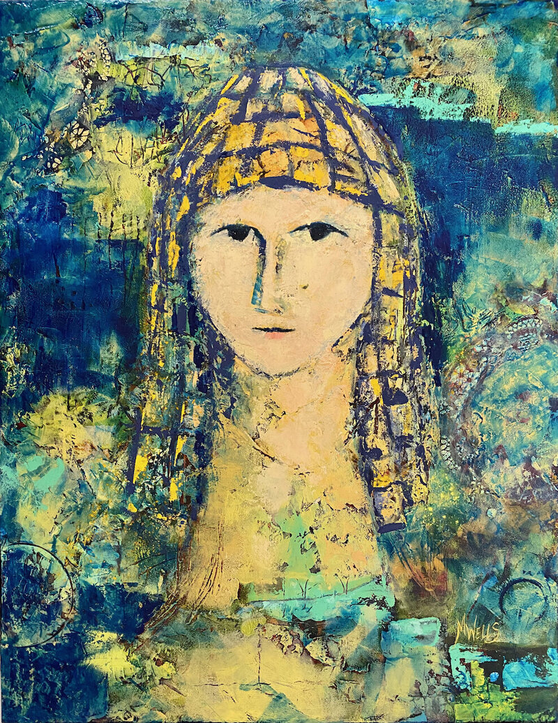 Sacred Feminine oil painting by Marilyn Wells based on Neolithic Sculpture. Oil on canvas.